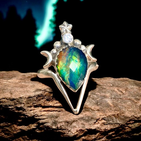 Jewelry - Outstanding Aurora Opal and White Topaz Mystical Moon Ring, SZ 10